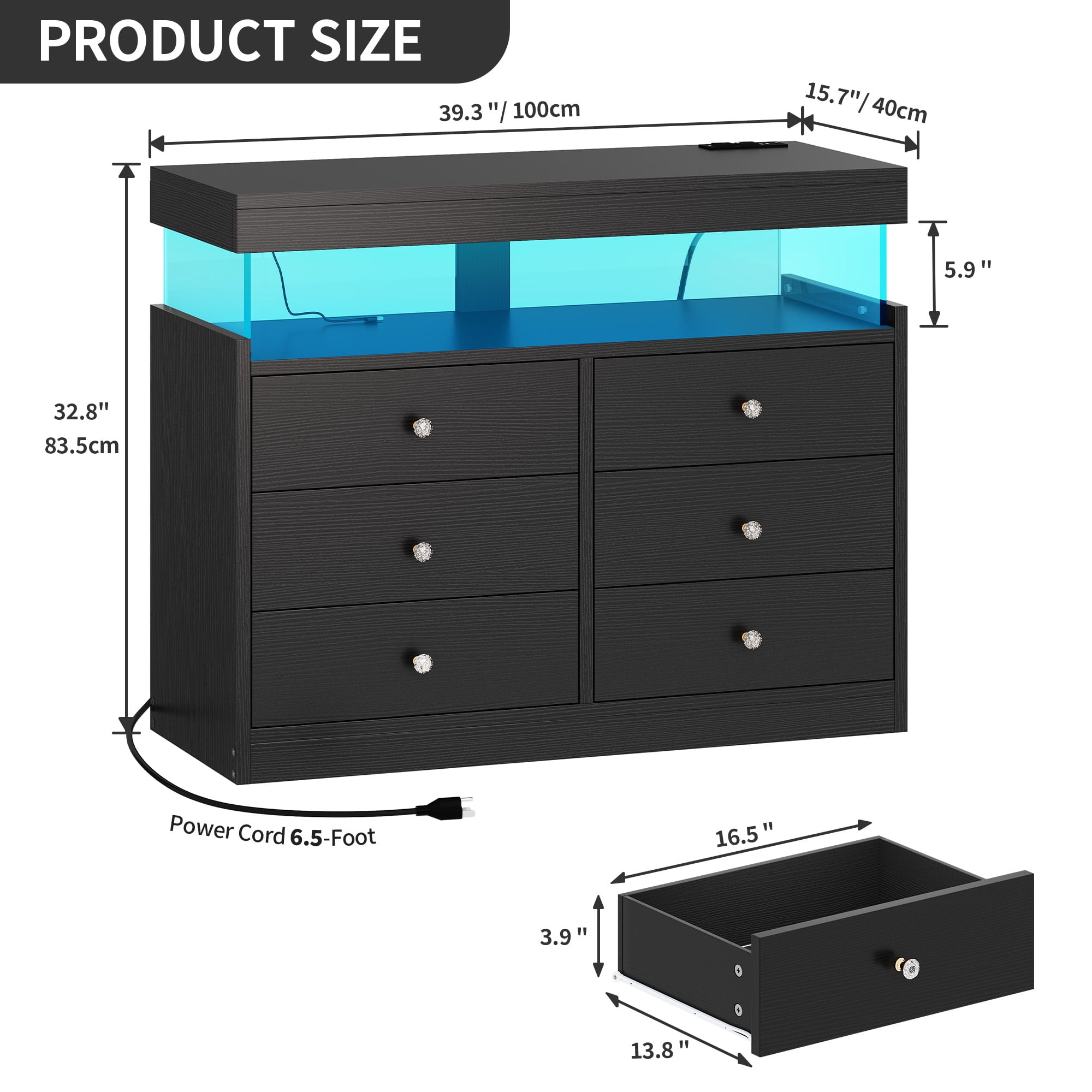 Dextrus Black Dresser with LED Light, 6 Drawers Dresser with Charging Station, Modern Chest of Drawers for , Living Room, Entryway, Hallway