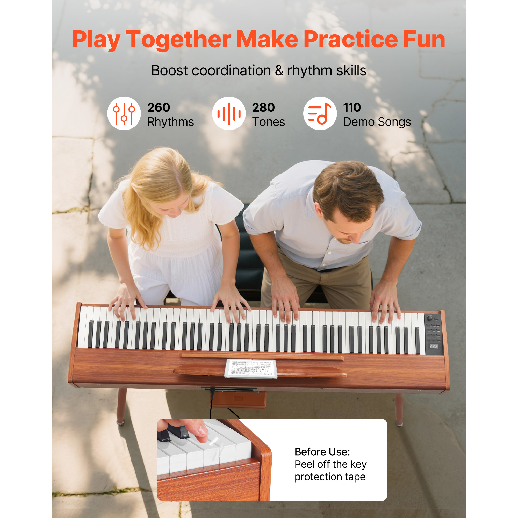 KFFKFF 88-Key Fully Weighted Digital Piano, Electric Keyboard with Music Stand, Triple Pedal, Power Adapter, 280 Tones, Wireless Connectivity, Ideal for Beginners, Wooden Finish
