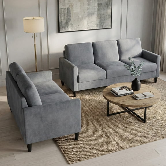 Home Design Goliad 2-Piece Velvet Living Room Set with Loveseat and Sofa, Pocket Spring Design, Soft Cushions, Clean Lines Design, Gray