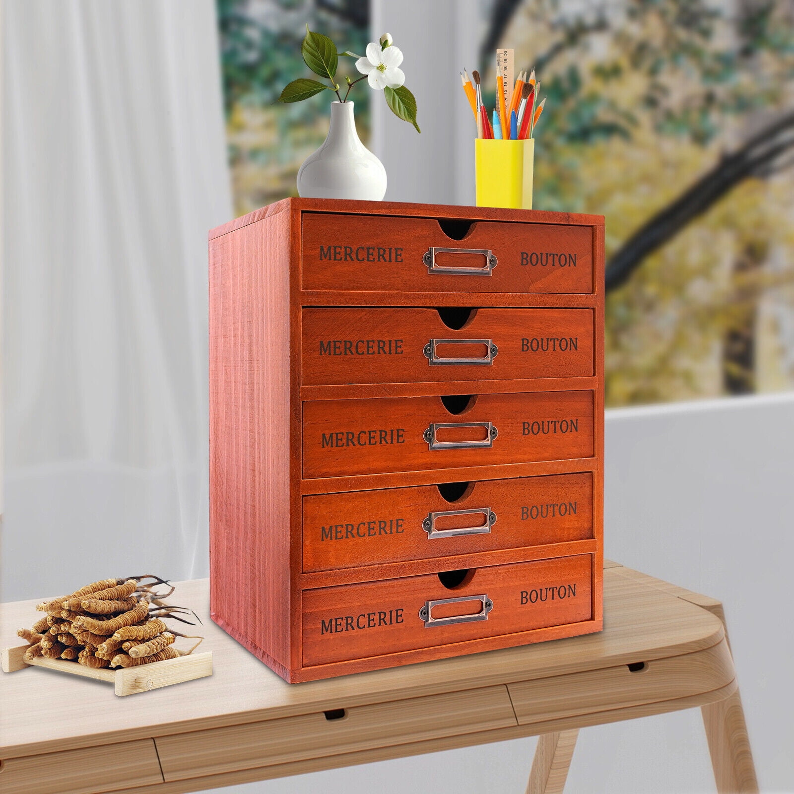 5-Drawer Retro Pine Wood Desk Organizer,Freestanding, 1.02lbs Capacity - with Label Slots & Ergonomic Handles,Ideal for Office & Home,Brown