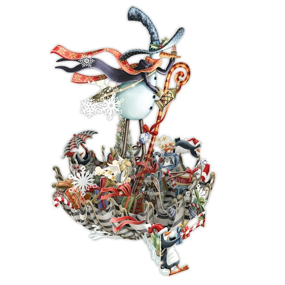 Notes & Queries Bringer of Snow's Umbrella Sleigh Snowman and Penguin 3D Laser Cut Pop Up Christmas Card