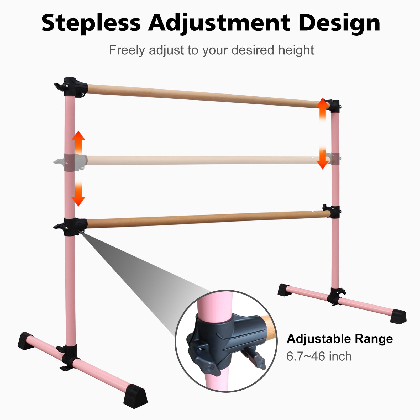 Solid Wood Ballet Barre 6FT with Adjustable Height 6.7-46 Inches, Professional Dance Practice Barre with Rotatable Base for Home, Studio, Adjustable, Pink