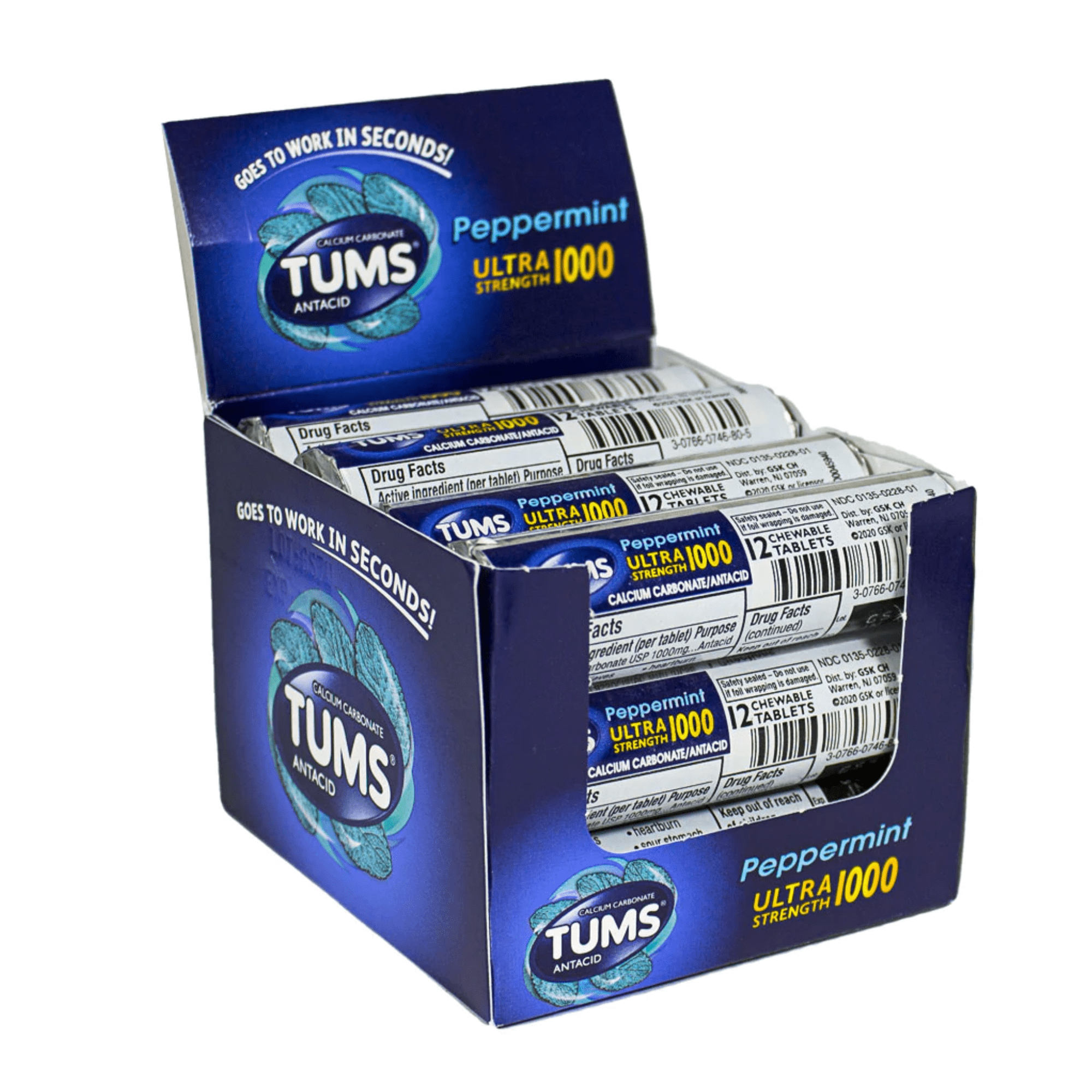 TUMS Antacid Peppermint Ultra Strength 1000 Chewable Antacid Tablets for Heartburn Relief, Peppermint - 12 Pack, 12 Count Rolls (144 Total)