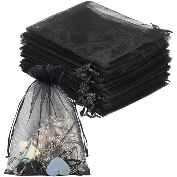 HRX 100PCS Organza Bags 5x7 inches Jewelry Gift pouches with Drawstring for Festival, Christmas(Black)