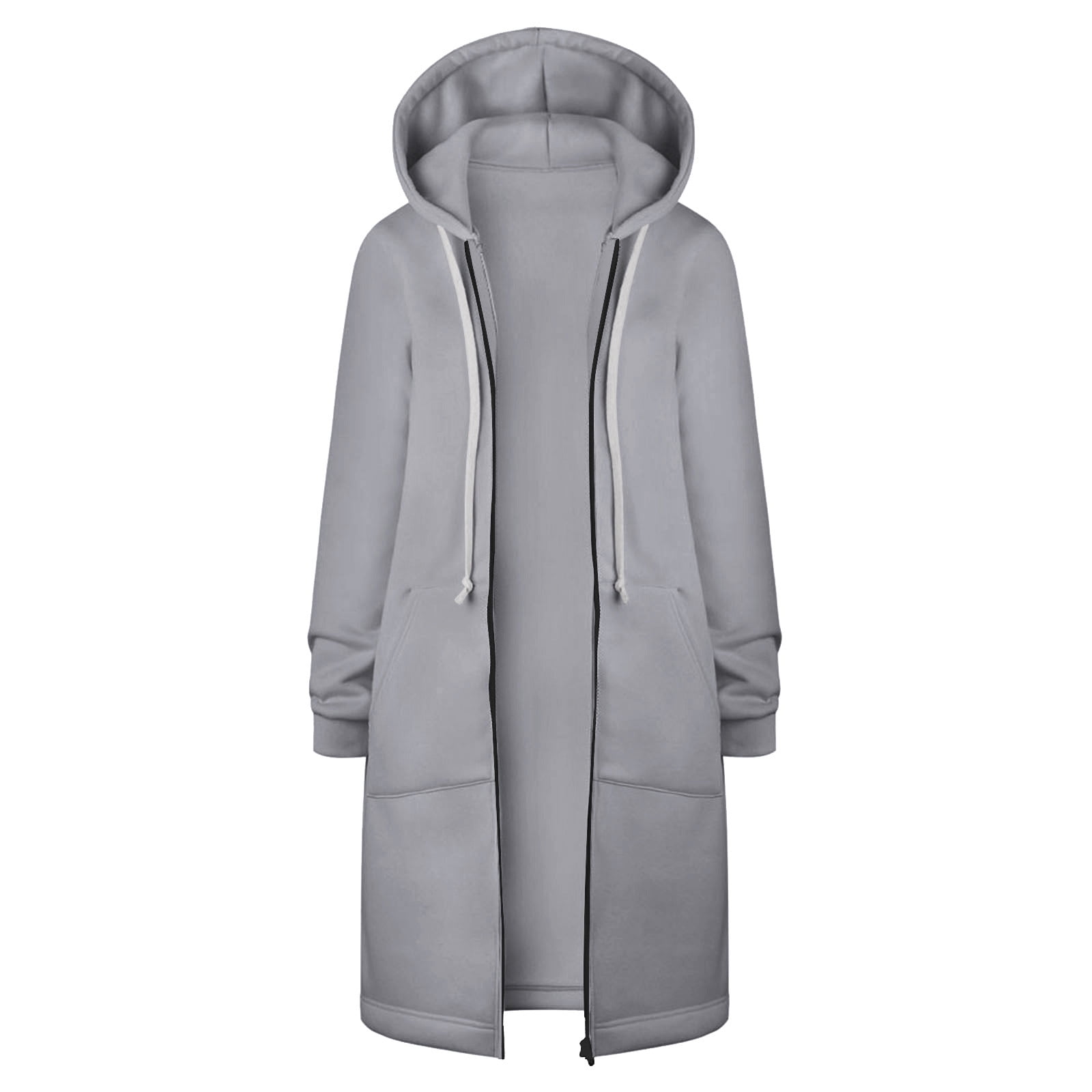 Scyoekwg Long Coats for Women Overcoat Long Sleeve Hooded Neck Coat Solid Color Casual Jacket Plus Fleece Insert Pocket Hooded Zipper Mid Length Sweater Gray XXXXXL