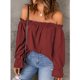 thumbnail image 2 of Blusa de gasa con hombros descubiertos, camiseta de manga larga con ribete de volantes de Color liso, camiseta con hombros descubiertos para mujer, chica, citas, Borgoña XL, 2 of 6