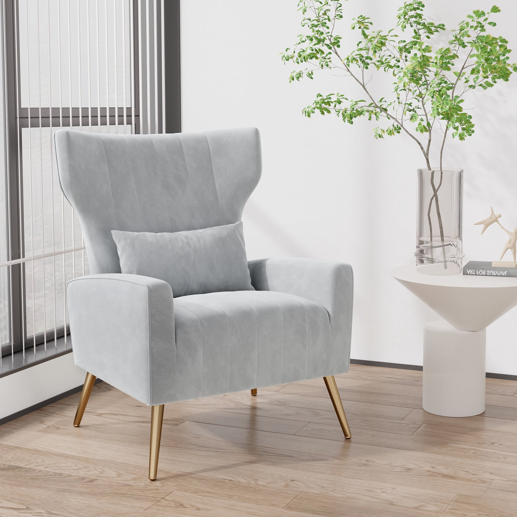 MOONMISS Velvet Accent Chair for Living Room, Modern Arm Chair with Pillow, Single Sofa Lounge Chair for Bedroom & Reading Room,Light Gray