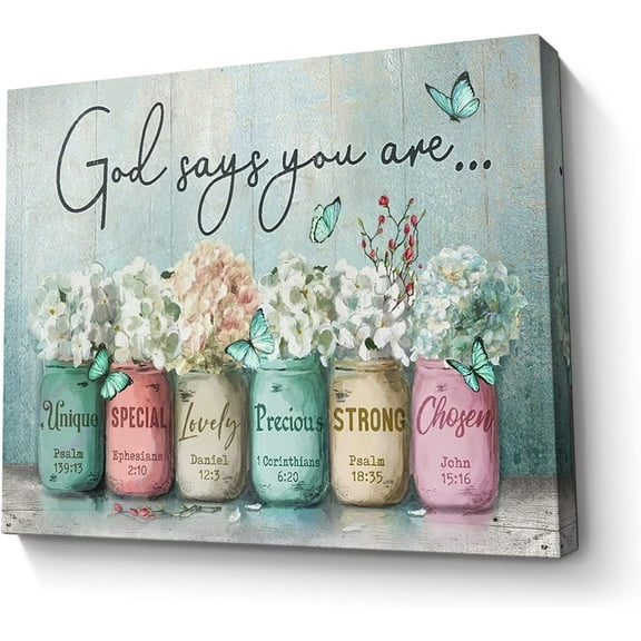 Inspirational Canvas Wall Art Encouraging Bible Verses On Cute Marson Jars and Butterflies God Says You Are Teal Background Artwork for Living Room Bedroom Bathroom Office Home Decor 16x20inch