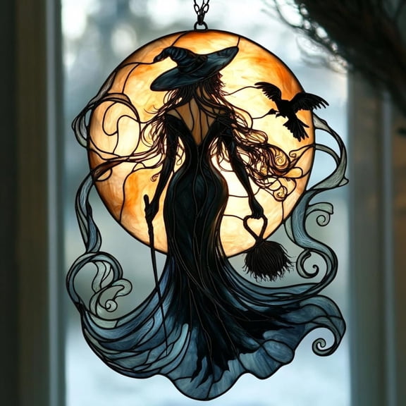 Halloween Moonlit Witch Acrylic Window Hanging Faux Stained Glass Suncatcher, Enchanted Full Moon Scene With Raven, Spooky Gothic Decor Gift