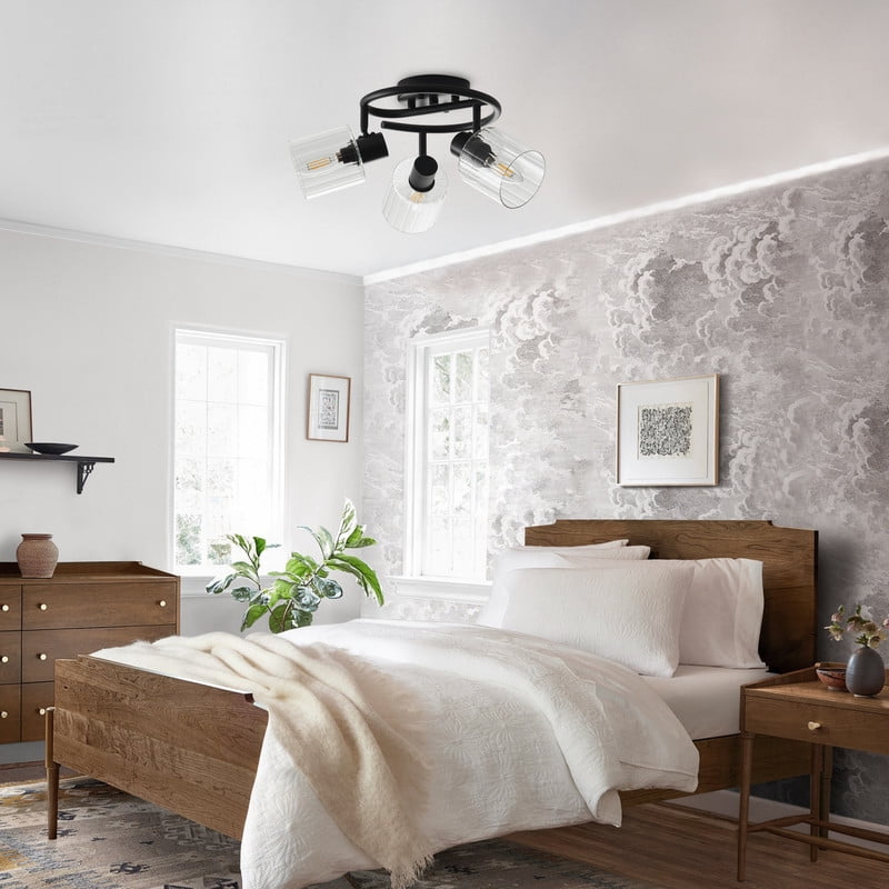 3-Light Semi-Flush Mount Ceiling Light 15.3" Black Dining Room Light Fixture with Clear Glass Lampshade