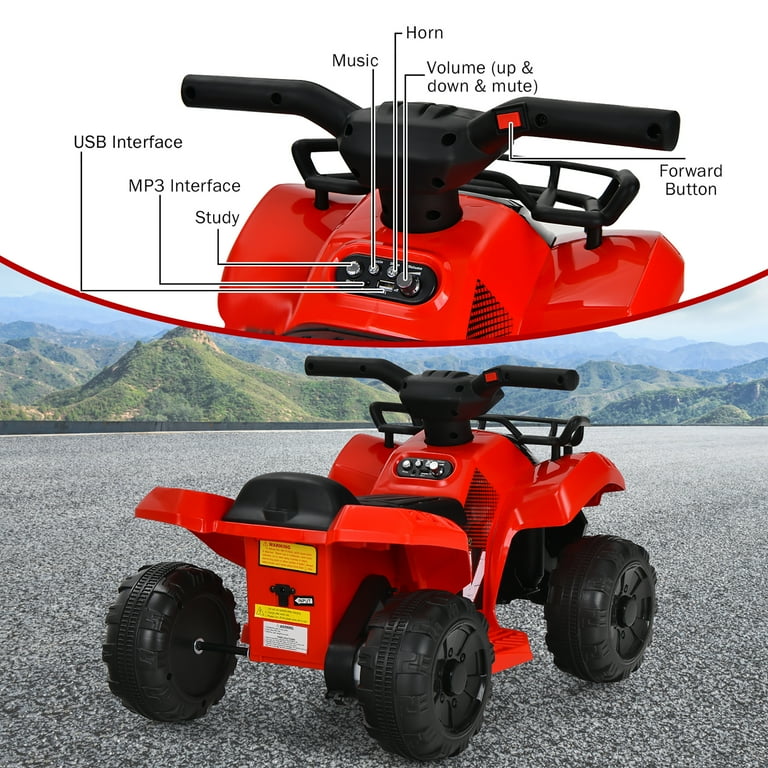 Quad ATV cavalcabile con fari e musica per bambini, Giocattolo elettrico  con batteria 6 V e AUX Rosso - Costway