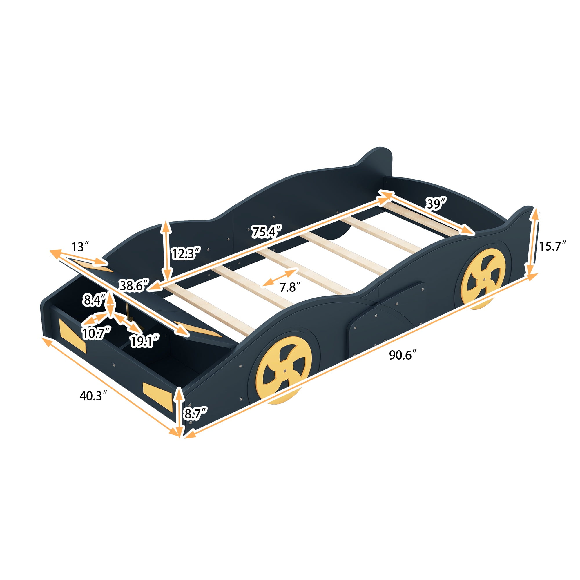 PORKISS Race Car Twin Bed, Twin Size Floor Bed with Storage, Toddler Bed with Slat, No Box Spring Needed, Montessori Bed, Twin Bed for Kids, Boys, Dark Blue