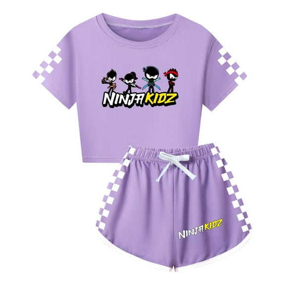 Girls Crop Top and Shorts Set for Kids – Ninja Kidz Outfit with Checker Print Sleeves – Trendy Summer Wear