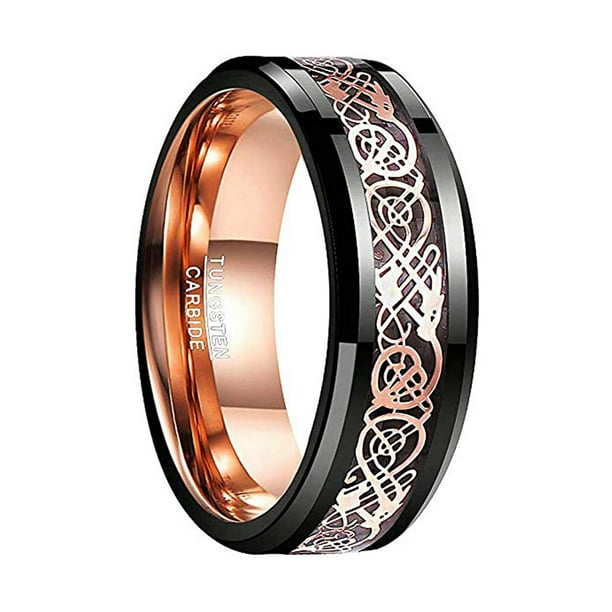 Men's 8mm Black Rose Gold Wedding Band Celtic Dragon Tungsten Rings
