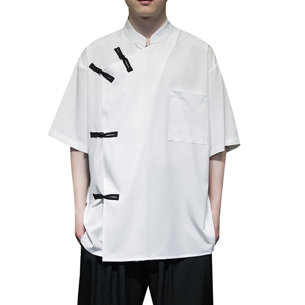 Camisa De Botones Para Hombre Camiseta de manga media de seda de hielo con cuello Vintage para hombre, camisetas transpirables informales con hebilla de placa de estilo Tang para hombre (White, L)