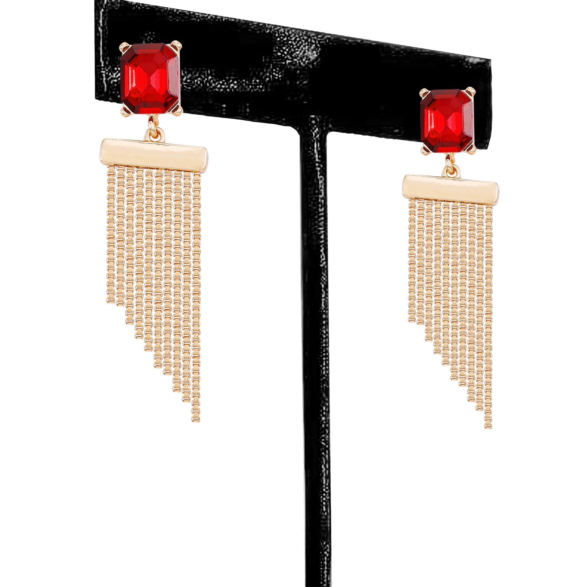 Time and Tru Women's Gold Tone Statement Earring with Garnet Rectangle Stone Post and Fringe Drop