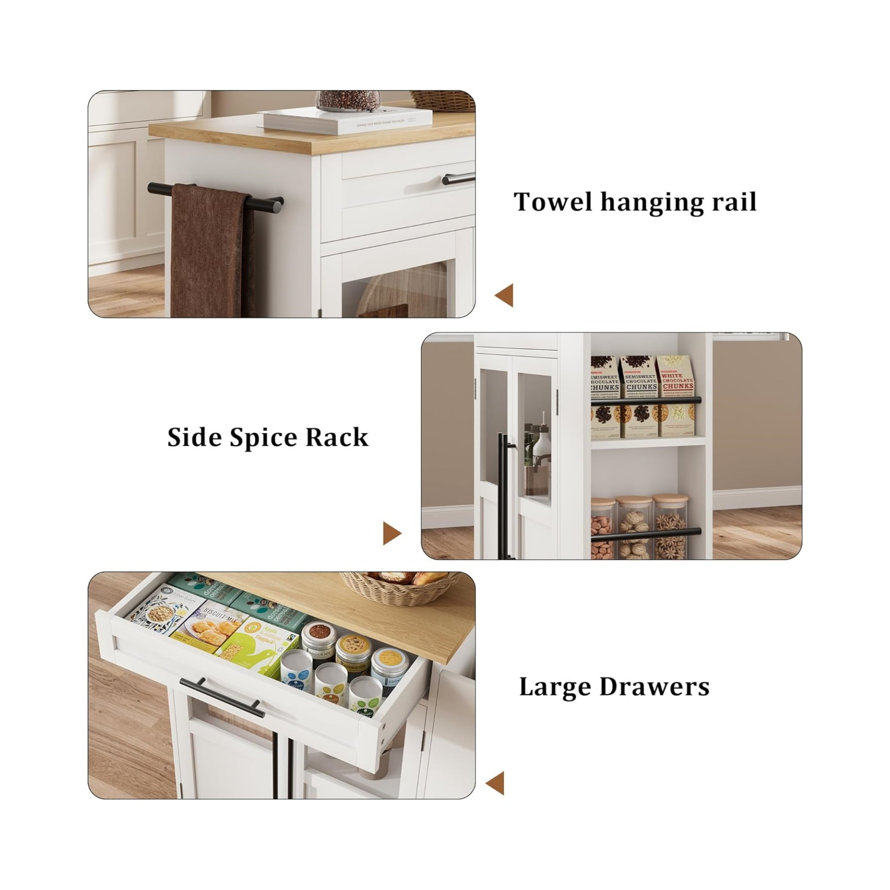 Rolling Wooden Kitchen Island with Drawer, Home Kitchen Cart with Storage Cabinet on Wheels, Thicker Wooden Top Portable Trolley Island with 3 Spice Rack for Kitchen, Dining Room