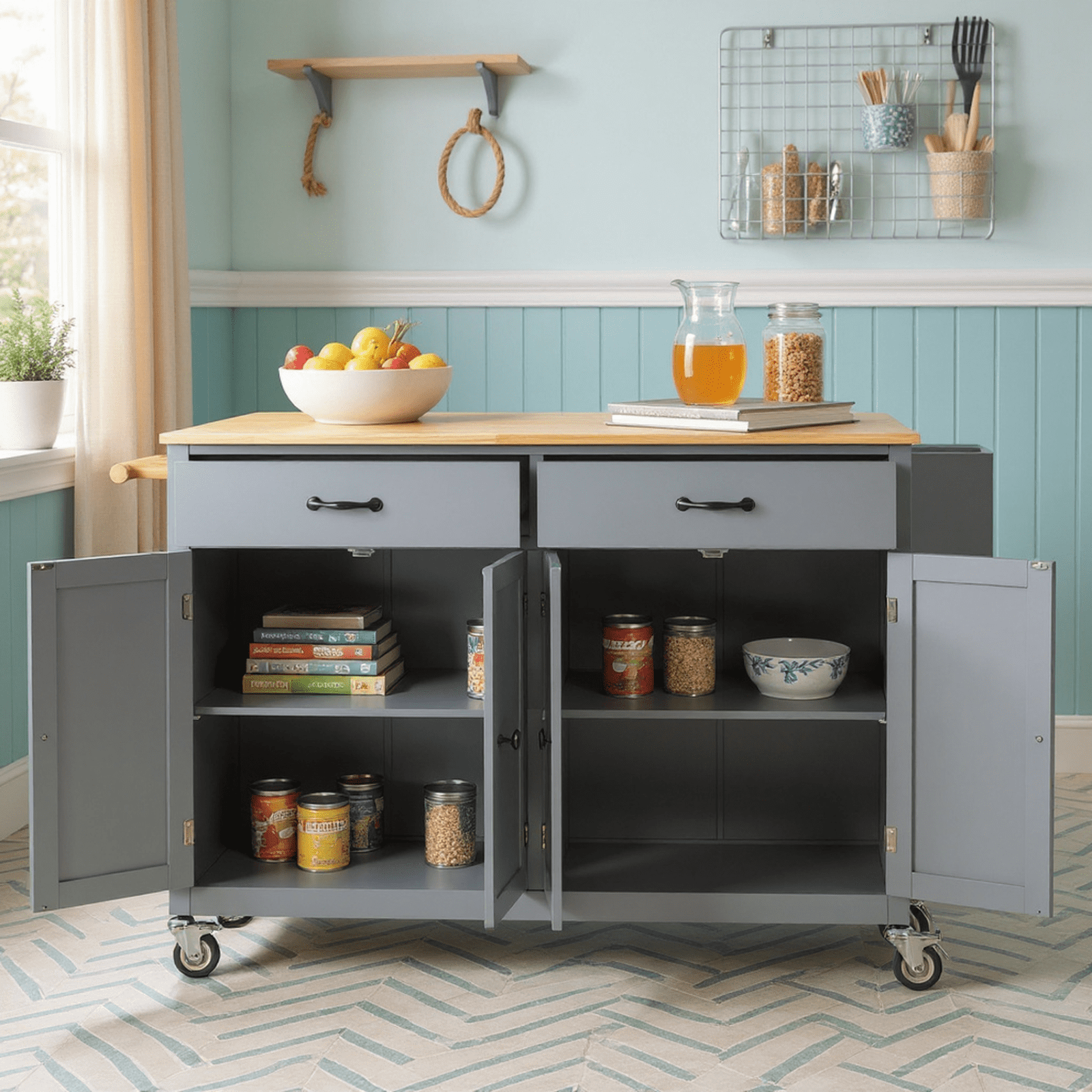 Homy Casa Kitchen Island Cart with Solid Wood Top, 4 Door Cabinet, 2 Drawers, Spice & Towel Rack, Blue