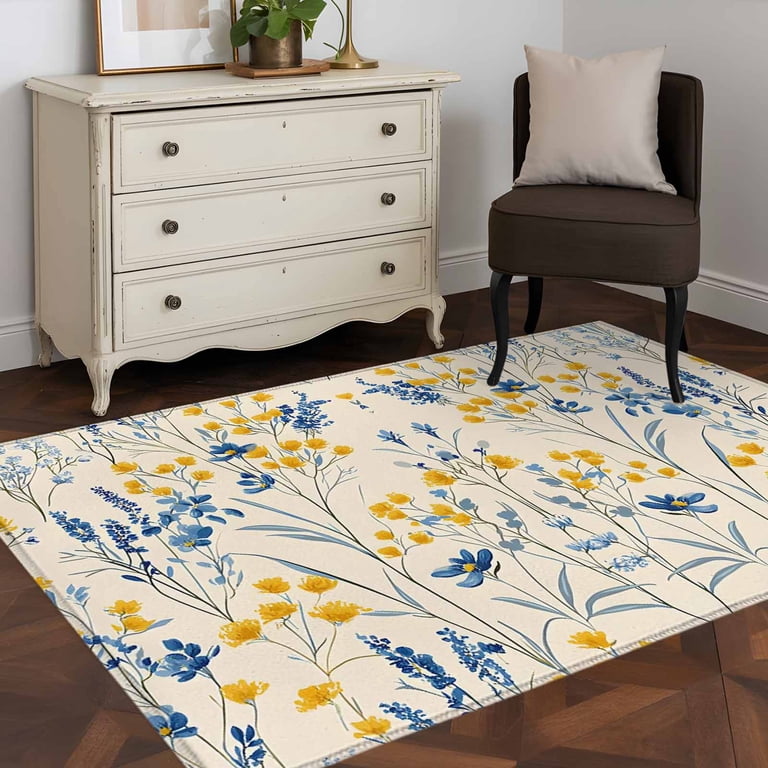 Blue Yellow Flowers Area Rug 3x5 Washable Rug Non Slip Botanical