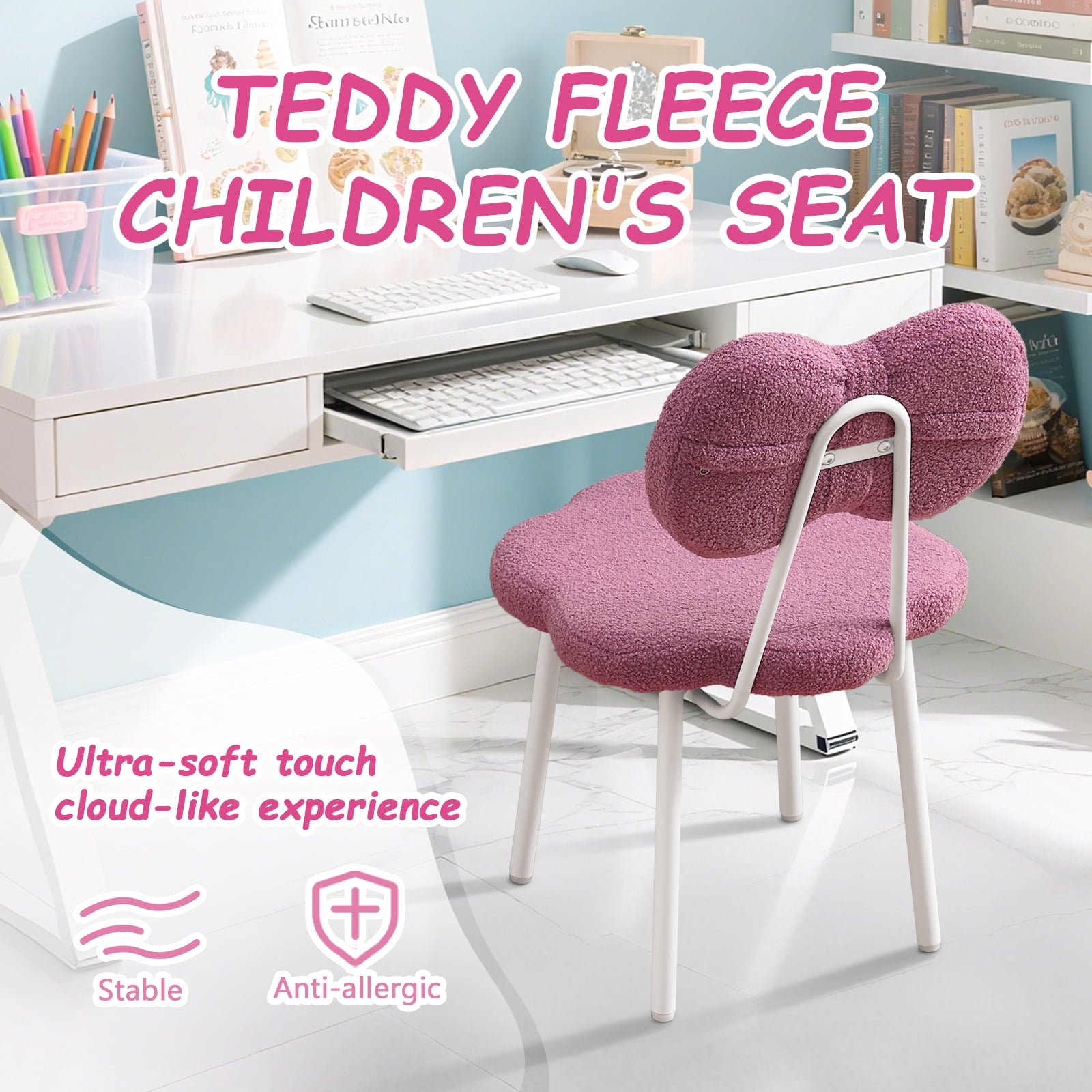 Teen Girls Vanity Chair Kids Desk Teddy Fleece Kids Reading Seat for Girls(Purple)