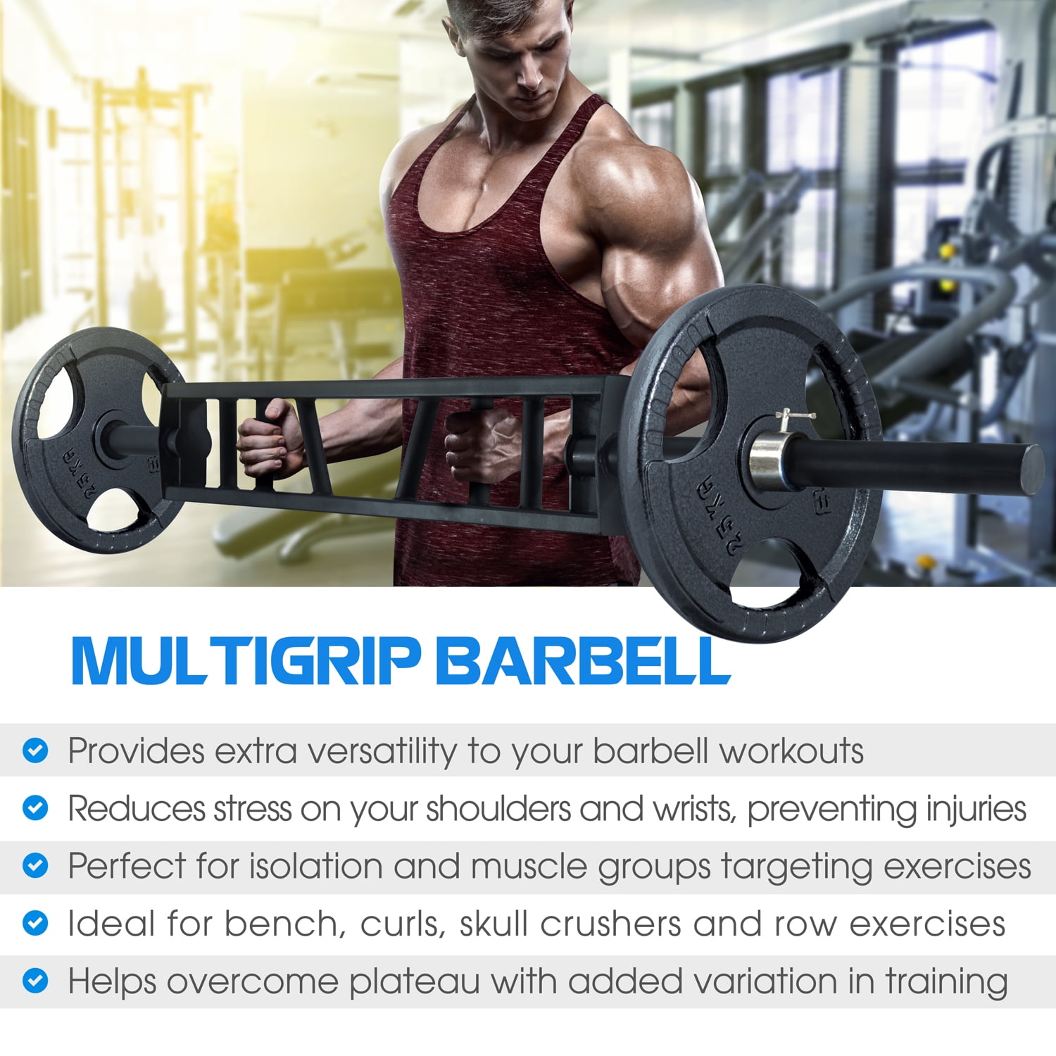 34 Solid Olympic Triceps Bar Building Up a Good Physique JNN Barbell Bar for Squats Shrugs Flat or Raised Handles Dumbbell Bar wtih Barbell Spring Clip Deadlifts
