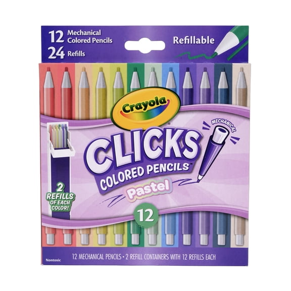 Crayola Clicks 2.0mm Mechanical Colored Pencil Set, 12 Pastel Colors with Replacement Cores, Cute School Supplies, Classroom Must Haves, Teacher Gifts, Ages 6