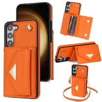 ELEHOLD for Samsung Galaxy S21 Case Premium Leather Wallet with Back Organ Card Holders Kickstand Function Crossbody Shoulder Strap Luxury Shockproof Women Purse Cover ,orange