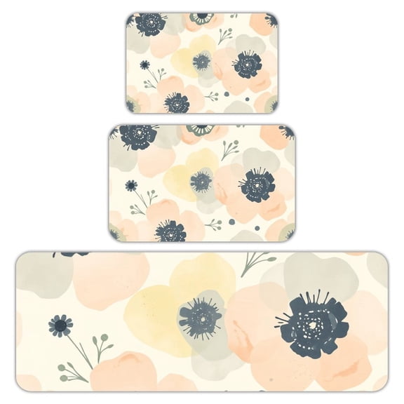 RKSupls Kitchen Rug Set 3 Piece Anti-Slip Flannel Floor Mats, Abstract Floral Pattern Washable Absorbent Runner Mats for Kitchen Bathroom Home Decor