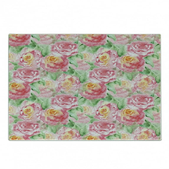 Watercolor Flower Cutting Board, Rose Flower Composition with Leaves in Soft Colors Blooming Plant Art, Decorative Tempered Glass Cutting and Serving Board, Small Size, Pink Green, by Ambesonne