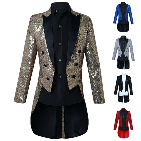 UVEASISHA Mens Sequin Tuxedo Stylish Tail Slim Fit Tailcoat Suit Jacket Formal Performance Dress Jackets for Dinner Party Prom,Black,XL