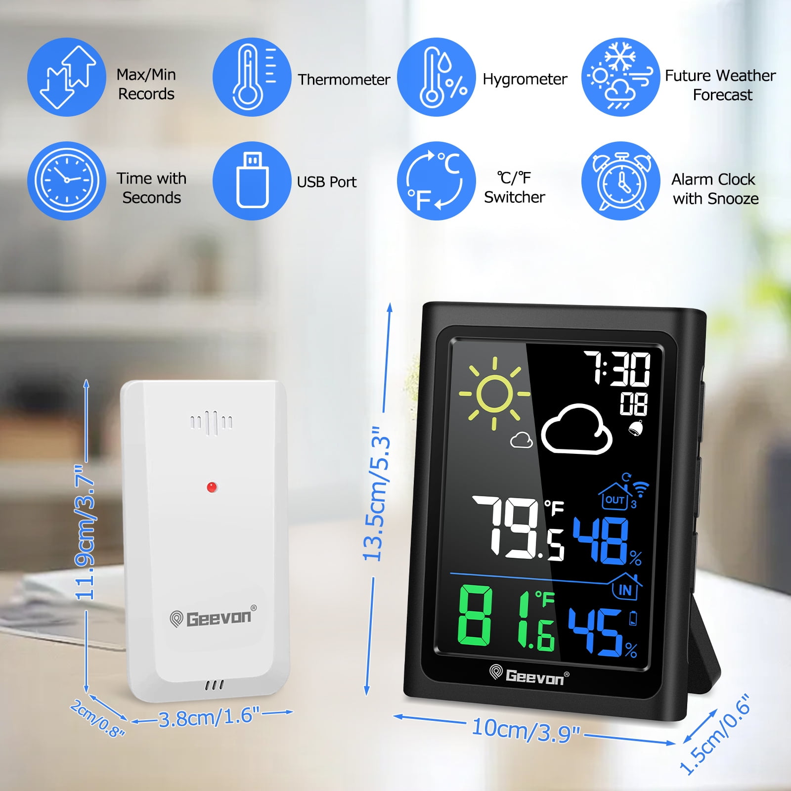 Geevon Indoor Outdoor Thermometer Digital Wireless with Color Display, Digital Hygrometer Temperature Humidity Monitor with Alarm Clock and Backlight