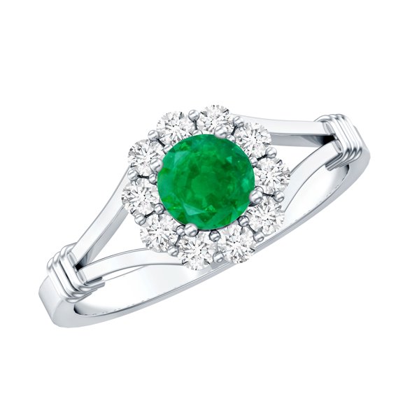 Rosec Jewels Natural Emerald Floral Ring with Diamond Halo - AAA Quality, 925 Sterling Silver, US 4.00