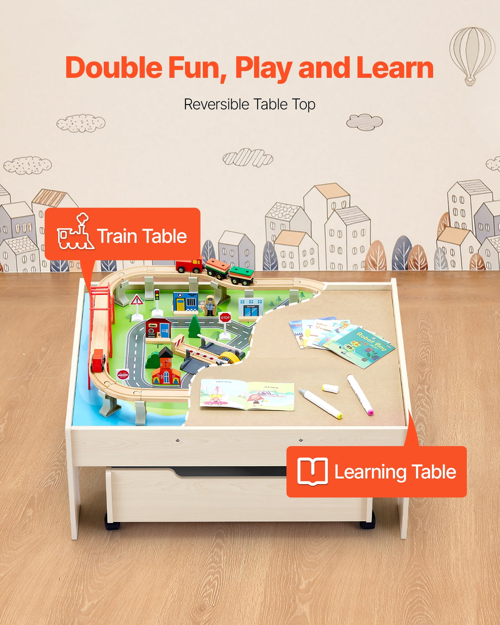 VEVOR Train Table, 100 Multicolor Pieces Wooden Kids Activity Table with Rolling Storage Drawer, 3-in-1 Wooden Train Set for Gaming, Drawing, Reading, Eating, Creative Toy Set for Kids Ages 3+