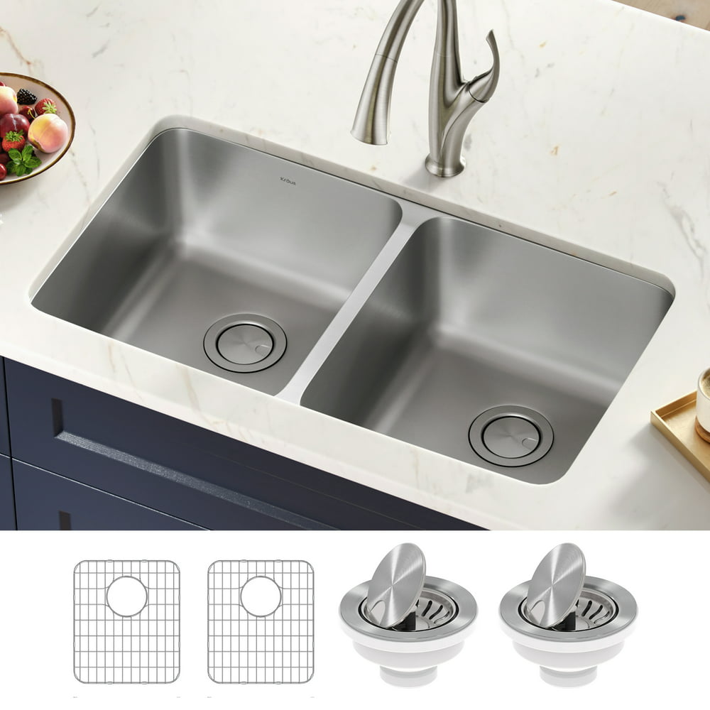 Kraus Dex 33 Undermount 16 Gauge Antibacterial Stainless Steel Double 16 Gauge Stainless Steel Double Bowl Kitchen Sink