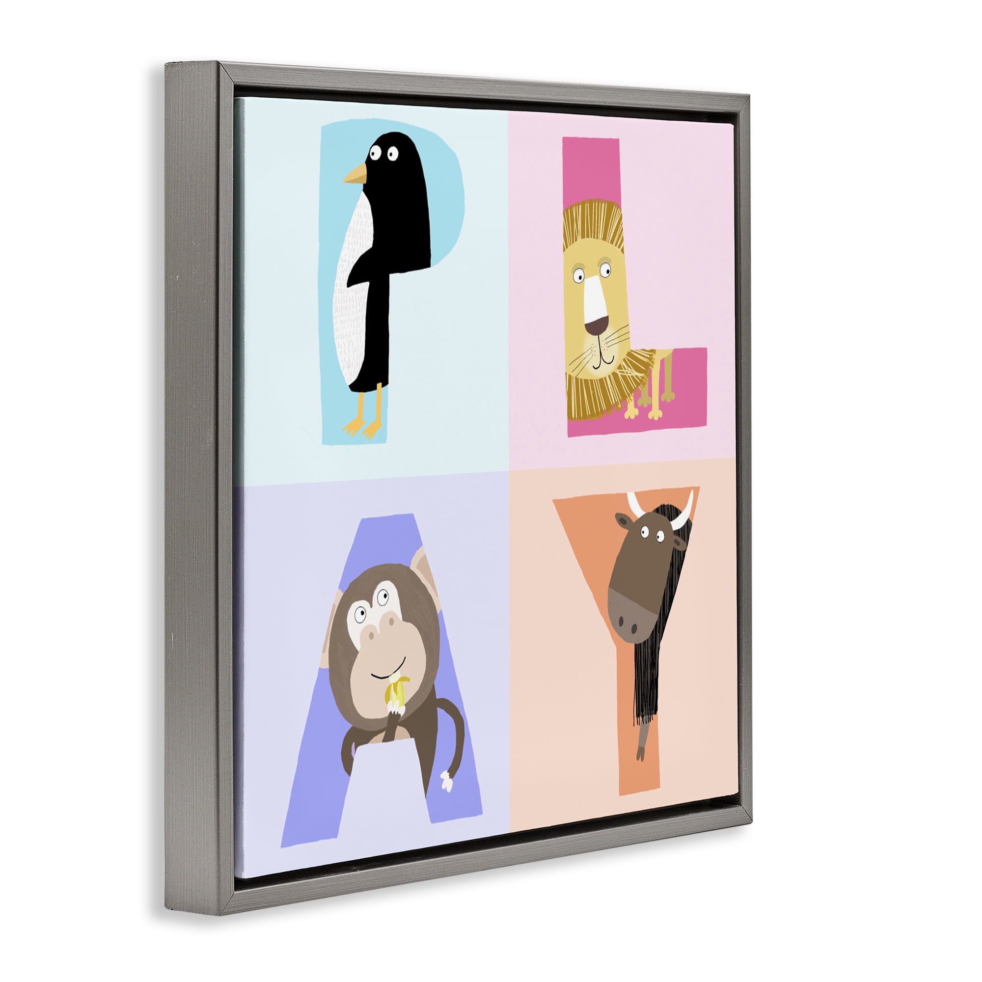 Stupell Industries Play Letters Squares with Animals Gray Framed Floater Canvas Wall Art, design by Carla Daly