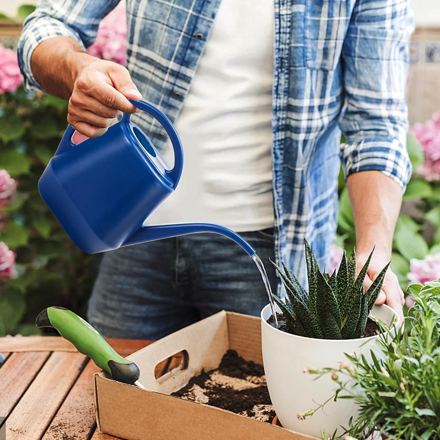 Watering Can, 1/2 Gallon Plastic Cans with Comfortable Handle, Small Garden Long Spout for Indoor Outdoor Plants, Blue