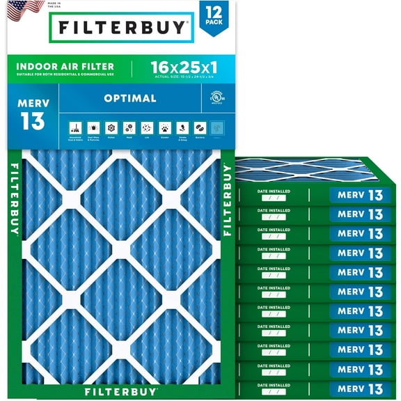 Filterbuy 16x25x1 Air Filter MERV 13 Smoke Defense, Pleated HVAC AC Furnace Filter Replacement, 12-Pack