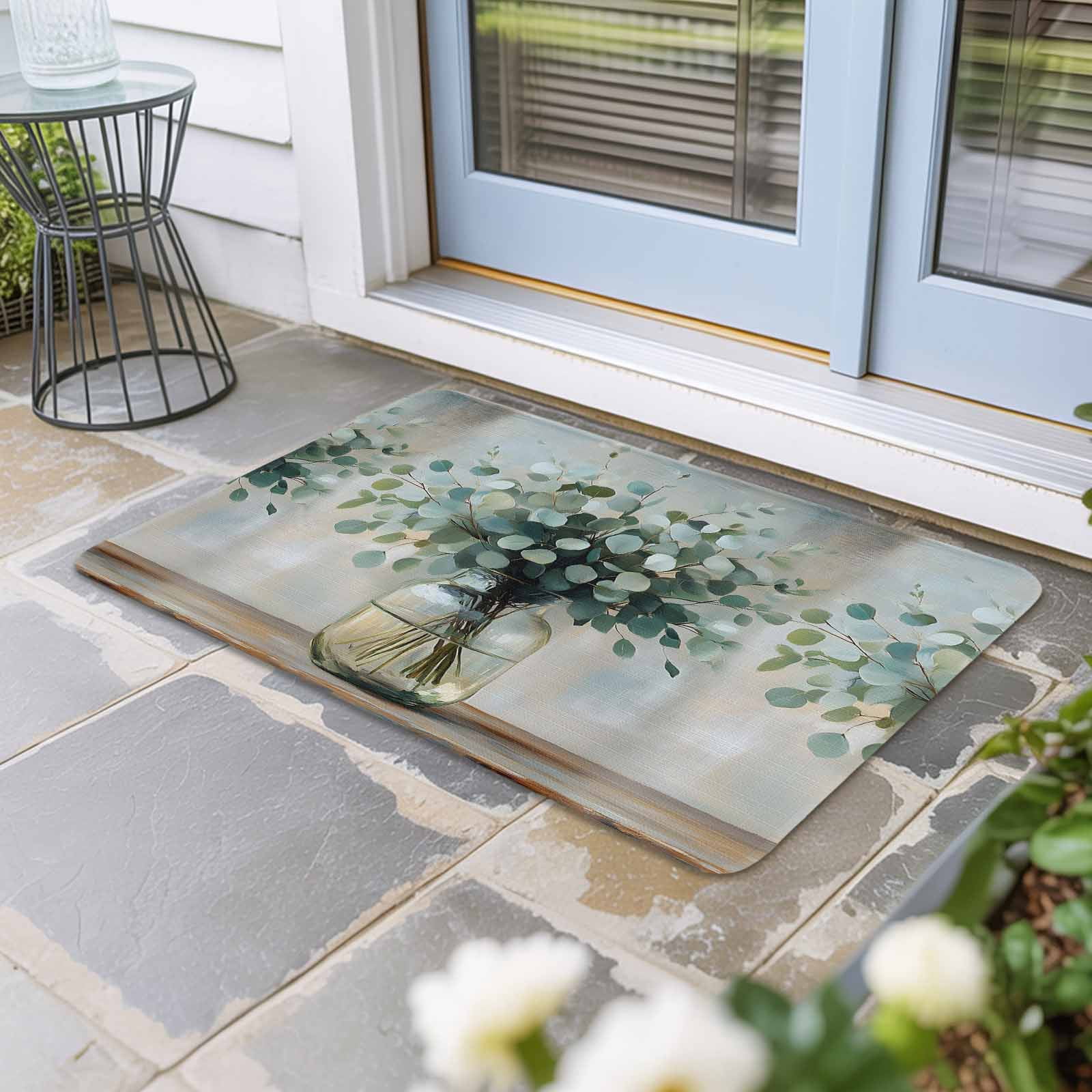 Spring Eucalyptus Doormat Outdoor Entrance 24"x36", Pastoral Botanical Leaf Retro Rustic Absorb Moisture Dirt Door Mats, Non-Slip Rubber Backing Floor Mats Indoor, Low-Profile Front Door Rugs