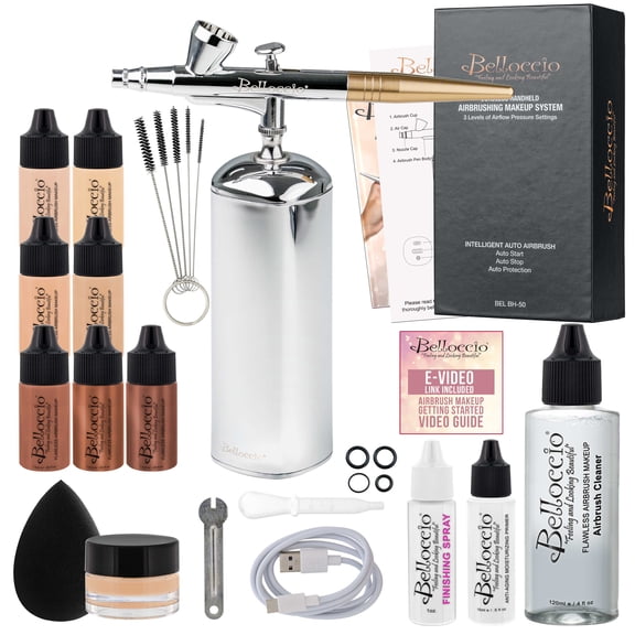 Belloccio Complete Cordless Handheld Airbrush Cosmetic Makeup System with 4 Fair Foundation Shades, Professional 18-Piece Kit, Moisturizing Primer, Blush, Bronzer, Highlighter, Concealer, User Guide