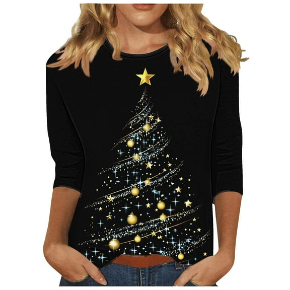 Womens Fall Tops Loose Fit Ladies Casual Christmas Printed Shirts Round neck Blouse Three-quarter Sleeve T-shirt Loose Top My Items Ordered