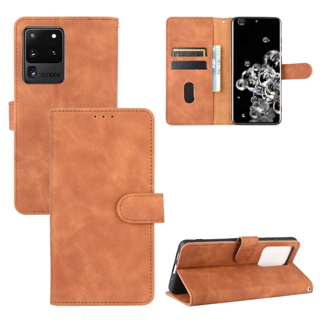 Pour Samsung Galaxy S20 Ultra Étui en Cuir PU à Rabat avec Fentes pour Cartes Support Pliant Folio Marron