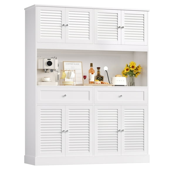 Homfa Large Pantry Cabinet with 8 Louvered Doors, 70.7" Tall Kitchen Storage Cabinet with Hutch & 2 Drawers, Modern Coffee Bar for Dining Room, White