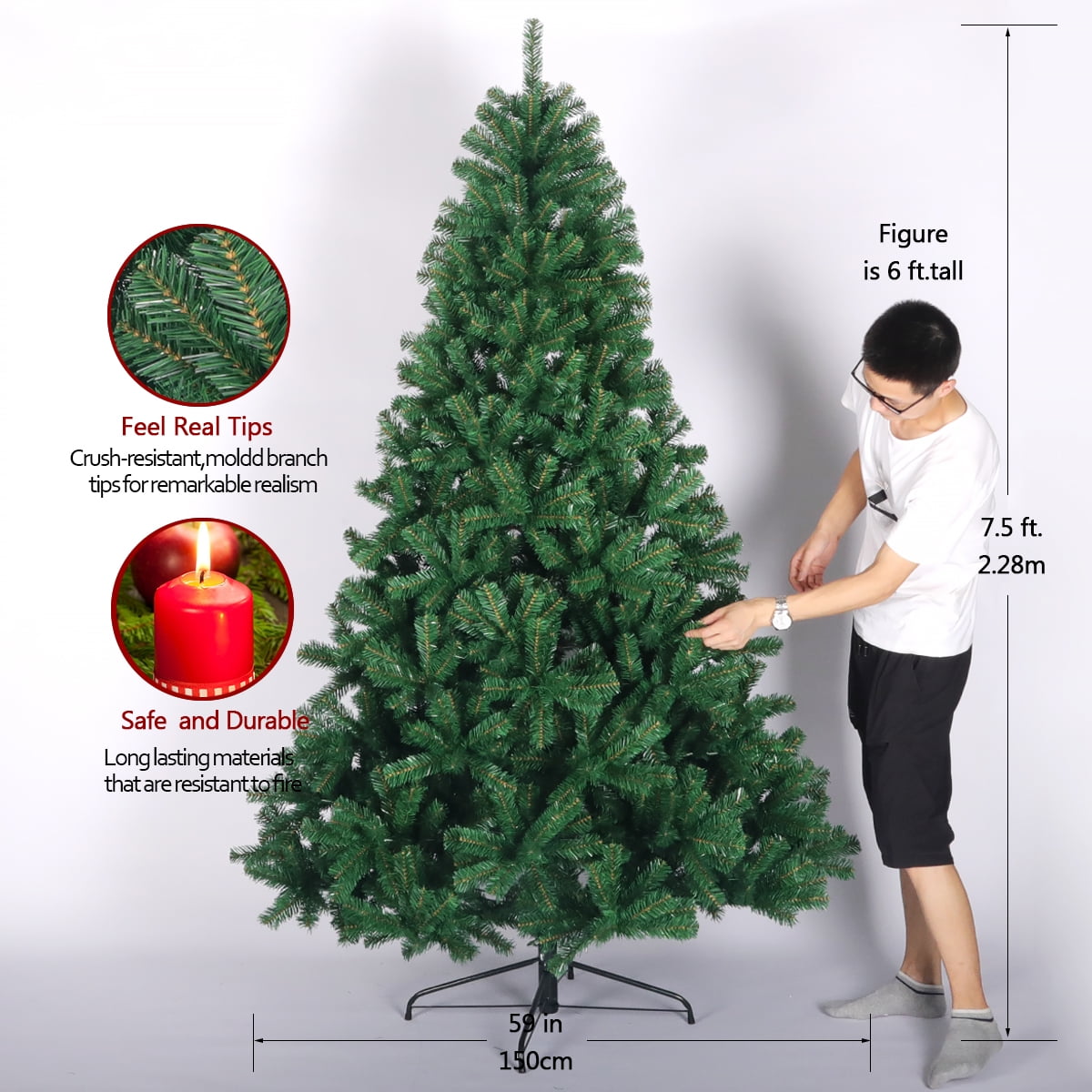 Kepooman Solid Print Green Hinged Full Natural Spruce Artificial Christmas Tree, with Foldable Metal Stand 7.5' Kepooman Solid Print Green Hinged Full Natural Spruce Artificial Christmas Tree, with Foldable Metal Stand 7.5'