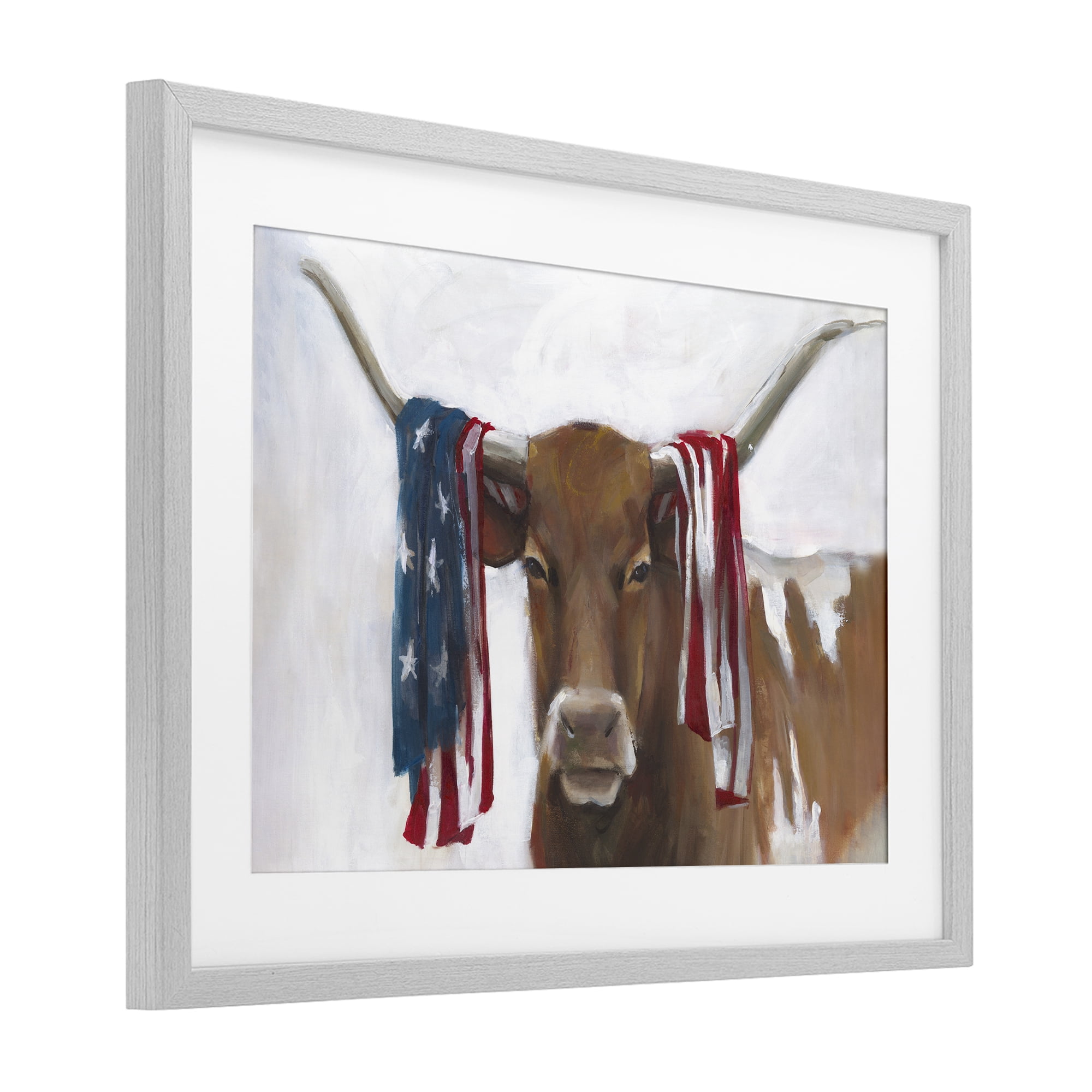 Stupell Industries Patriotic Longhorn with Flag Gray Framed Print Under Glass, design by White Ladder