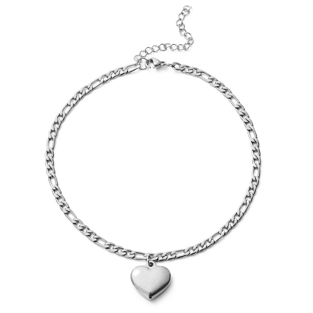 Figaro Chain Anklet 14K White Gold Heart Charm Leg Foot Chain Ankle Bracelet for Women Summer Beach Jewelry Gift
