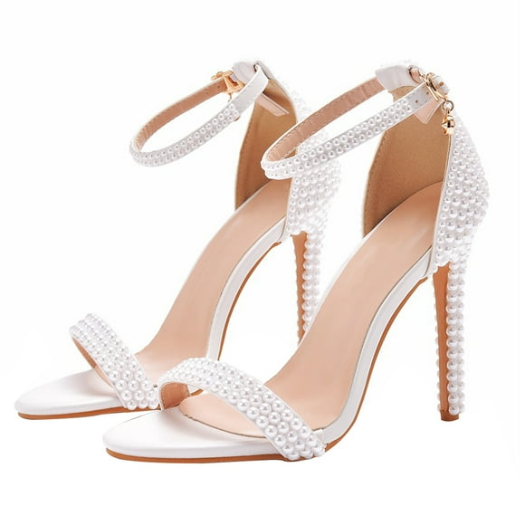 1 par de sandalias de tacón alto con punta abierta y perlas para boda