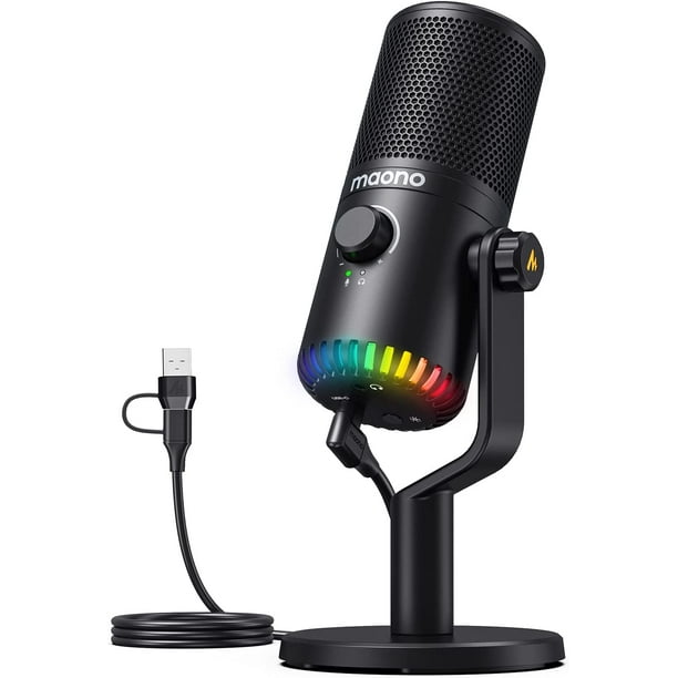 Microphone cardioïde à condensateur USB rvb, lumières colorées