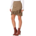thumbnail image 4 of INSPIRE CHIC Women's Faux Suede Skirt Fringe Trim High Waist Vintage Casual Mini Skirts M Camel, 4 of 6