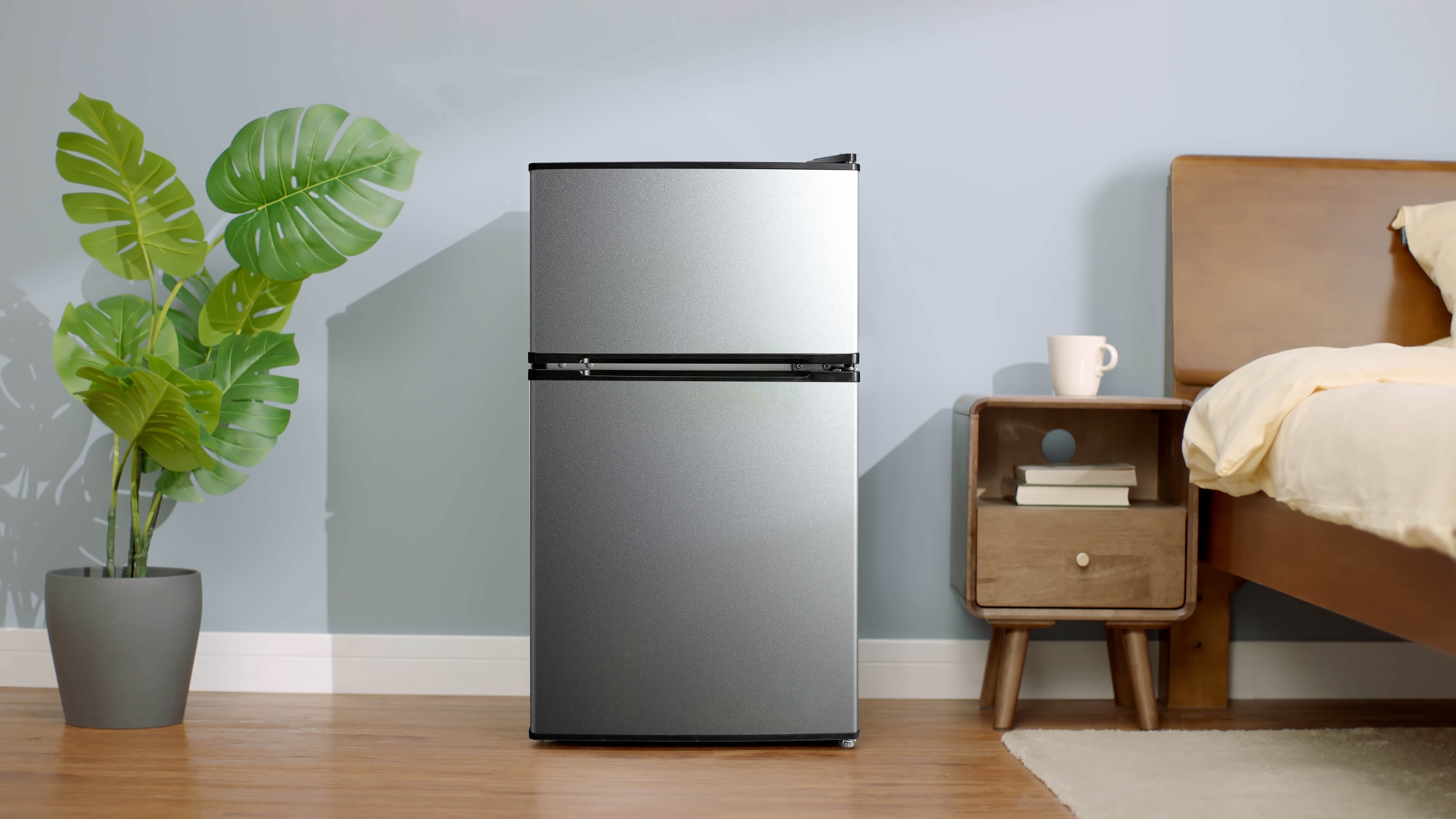 Mainstays 3.2 Cu Ft 2-Door Compact Refrigerator with Freezer, Stainless Steel, Mini Fridge for Dorm, Apartment & Office