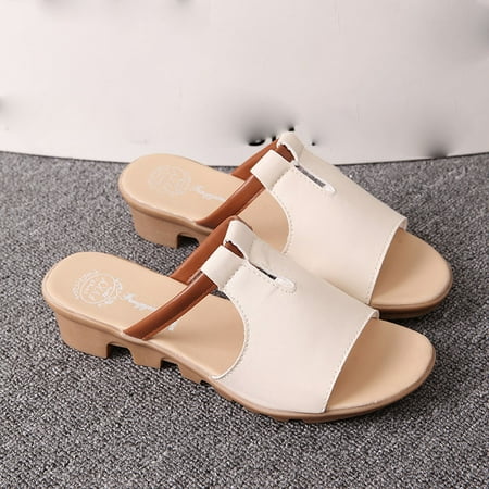 

HIBRO Fashion Summer Ladies Solid Color Wild Open Toe Sandals Low Heel Beach Slippers